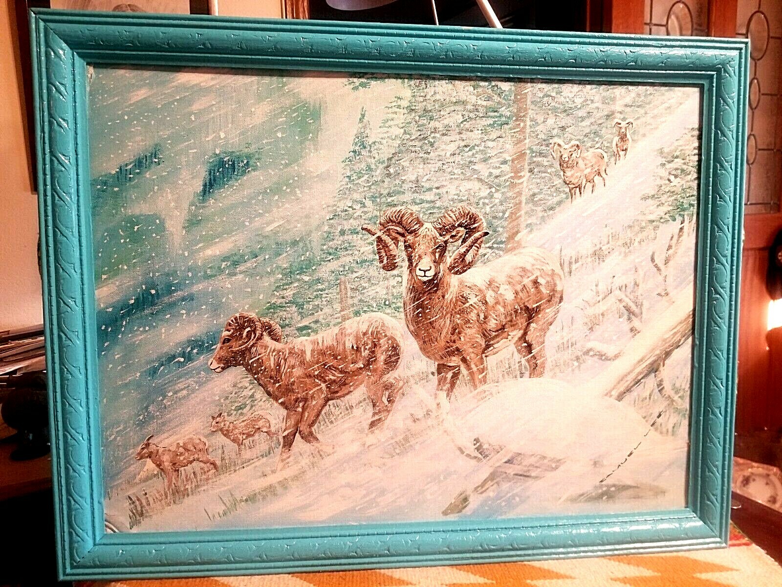COOL WELL DONE O/B PAINTING of BIG HORN BUCK & SHEEP IN SNOWSTORM by SAMUEL LEE