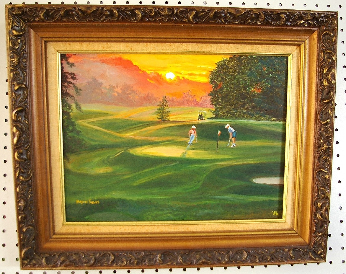Golf Golfing Sunset Framed Florida Highwaymen Style Painting Signed 21.5 x 17.5″
