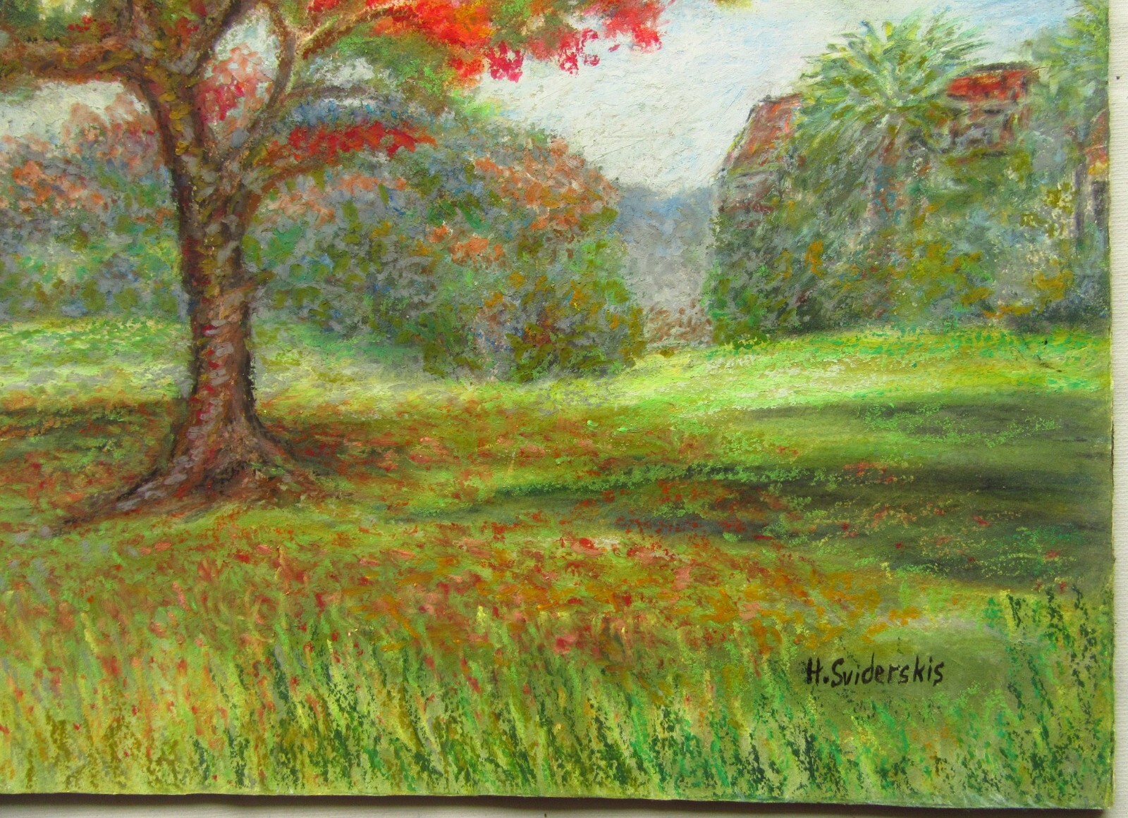 Original Oil Pastel Painting Art Florida Landscape Royal Poinciana Tree Garden