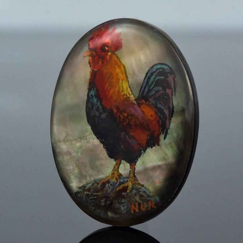 Rooster Original Artisan Painted Mother-of-Pearl Shell Oval Cabochon 35x26mm