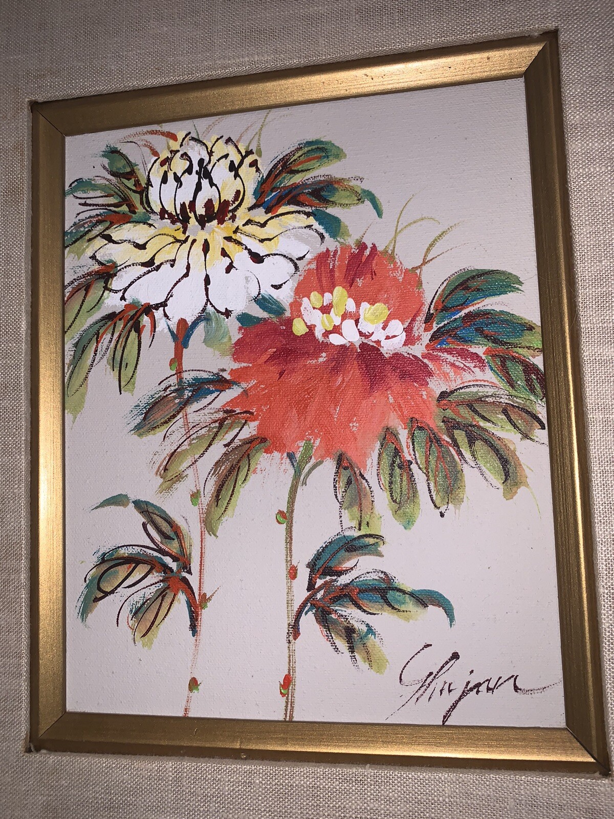 VTG Modern 1970s Camellia Peonies Flowers Canvas 14”W 16”T Fabric Liner + Frame