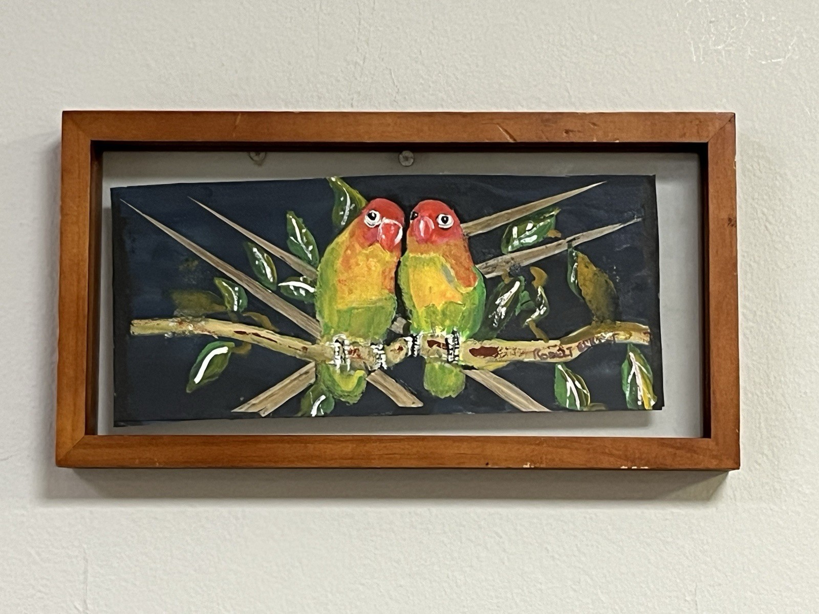 ORIGINAL Colorful LOVE BIRDS Parrots SIGNED R. Eckert FRAMED Black/Green/Yellow