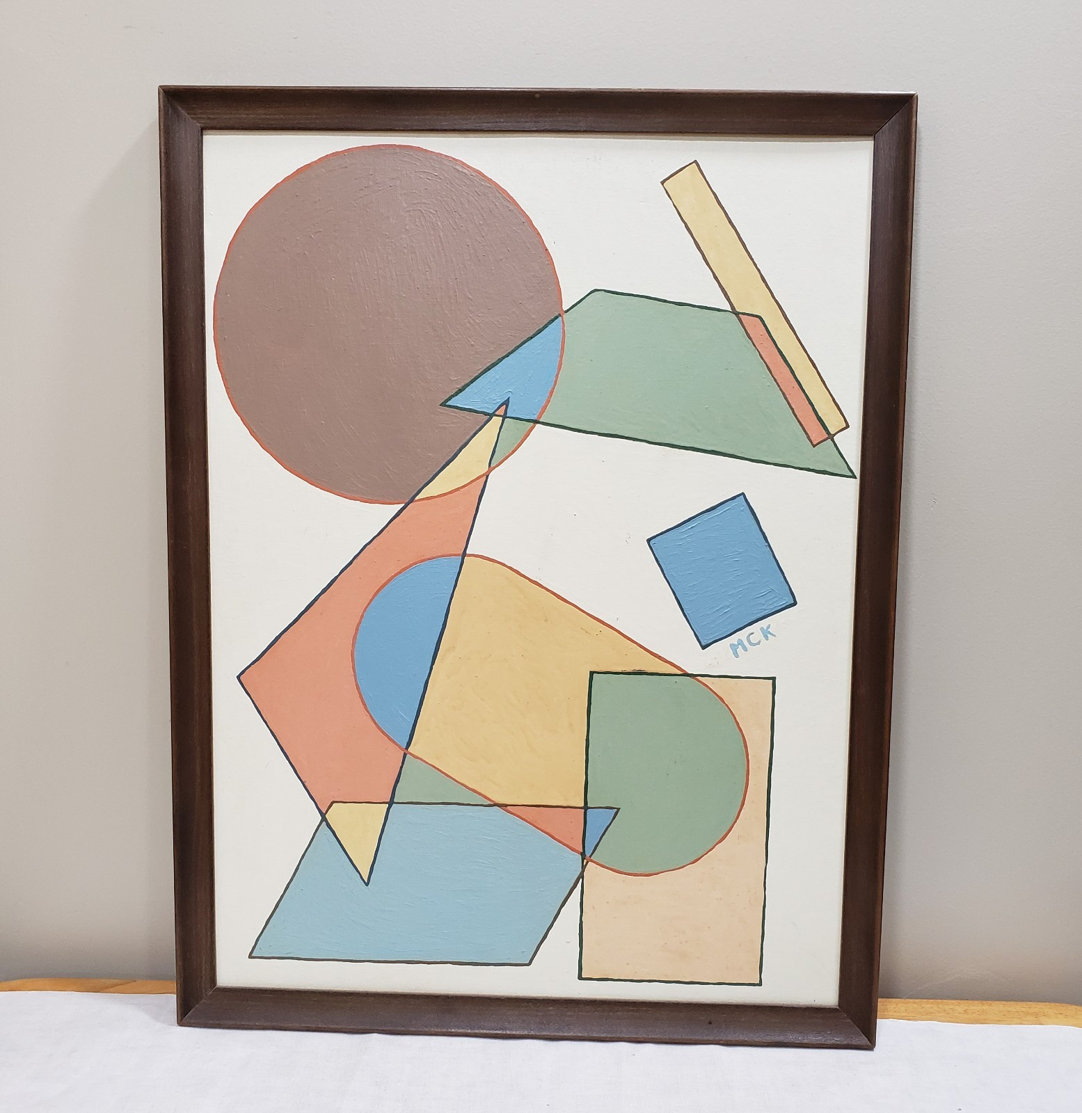 Original Geometric Abstract Painting Framed Bauhaus Modern Minimalist Wall Art