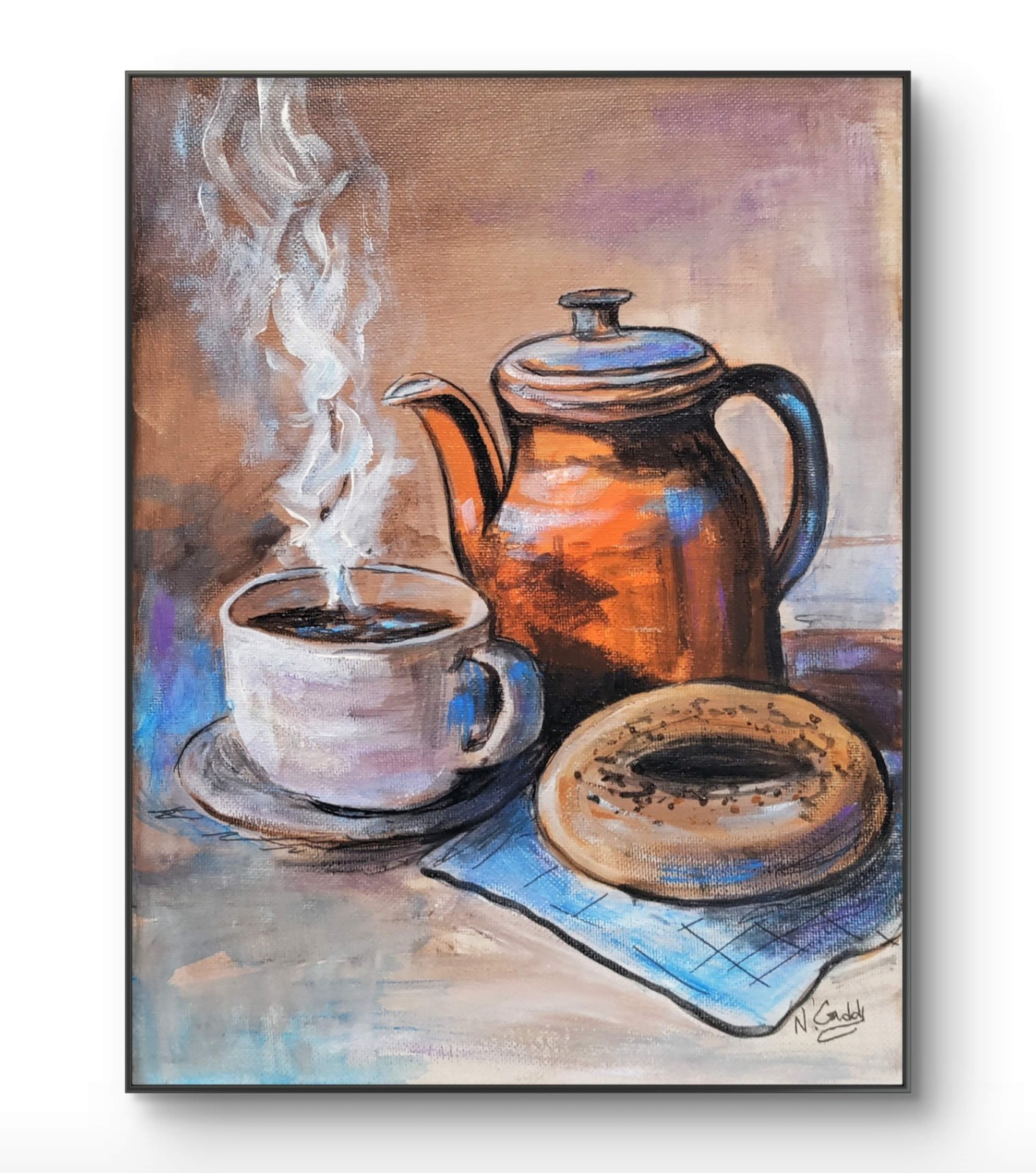 Original Expressionist 9 x 12 Coffee And Bagel Canvas Kitchen Art Painting