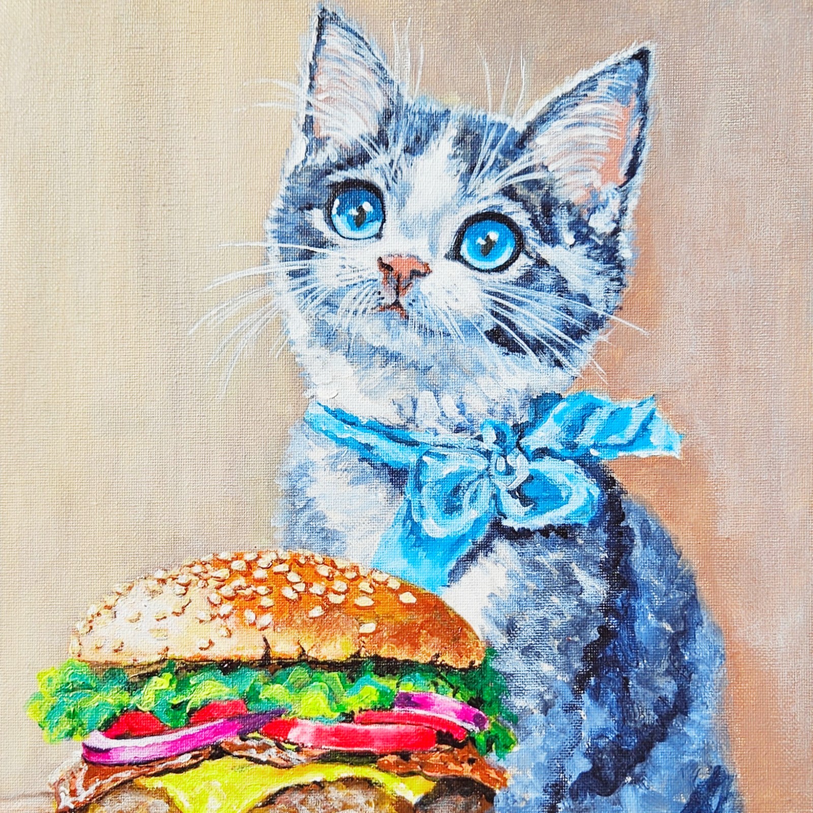 Original Painting Cat Hamburger Blue Bow Kitten Art Kitchen Tabby Wall Decor