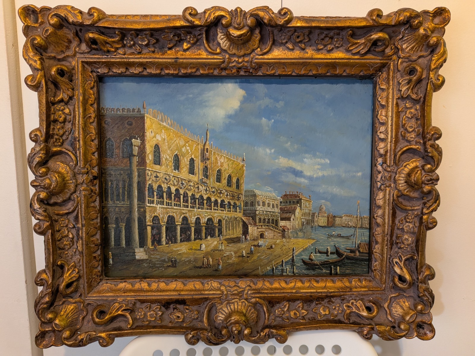 Vintage Original Venice Doge’s Palace Oil Painting with Carved Ornate Gilt Frame