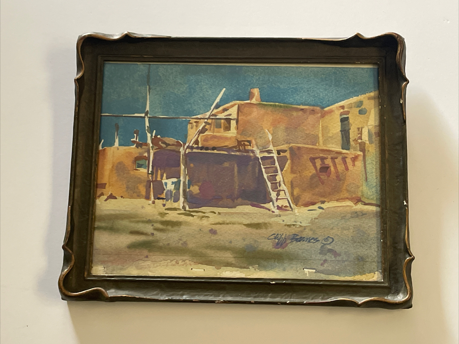 Antique frame with Clifford Barnes Painting Landscape Indian Pueblo listed art
