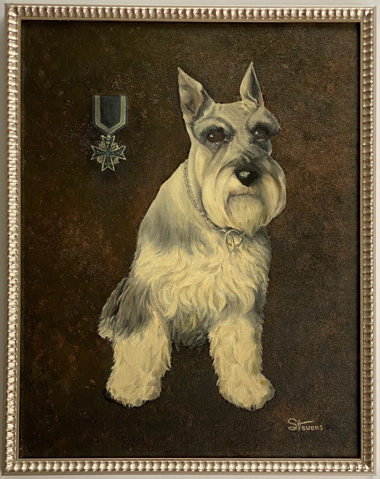 Stevens Vintage 60s Schnauzer Dog Puppy Animal Portrait Impressionism Painting