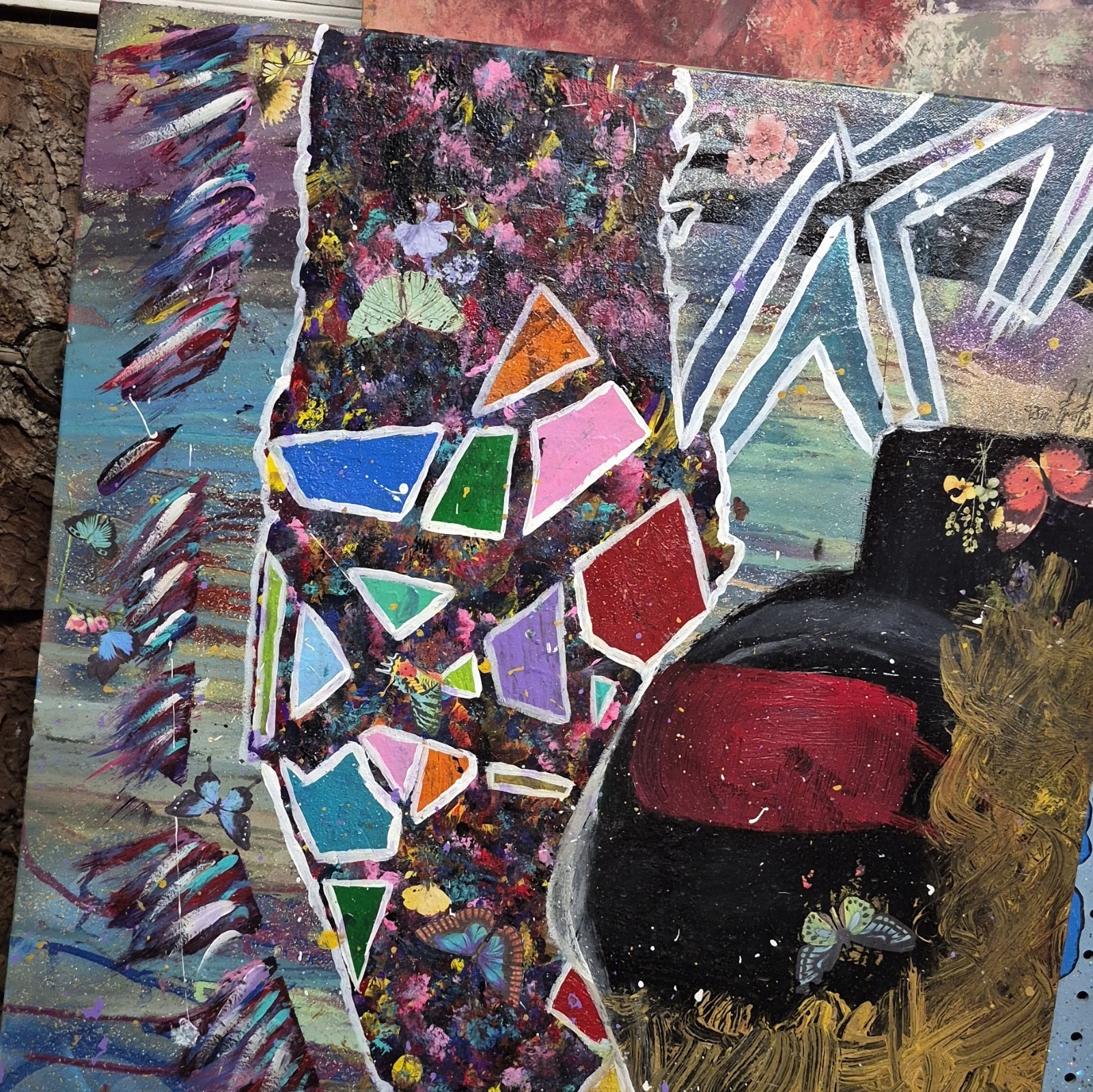 Abstract Mixed Media Style Painting on Panel/Canvas, Colorful Geometric Shapes