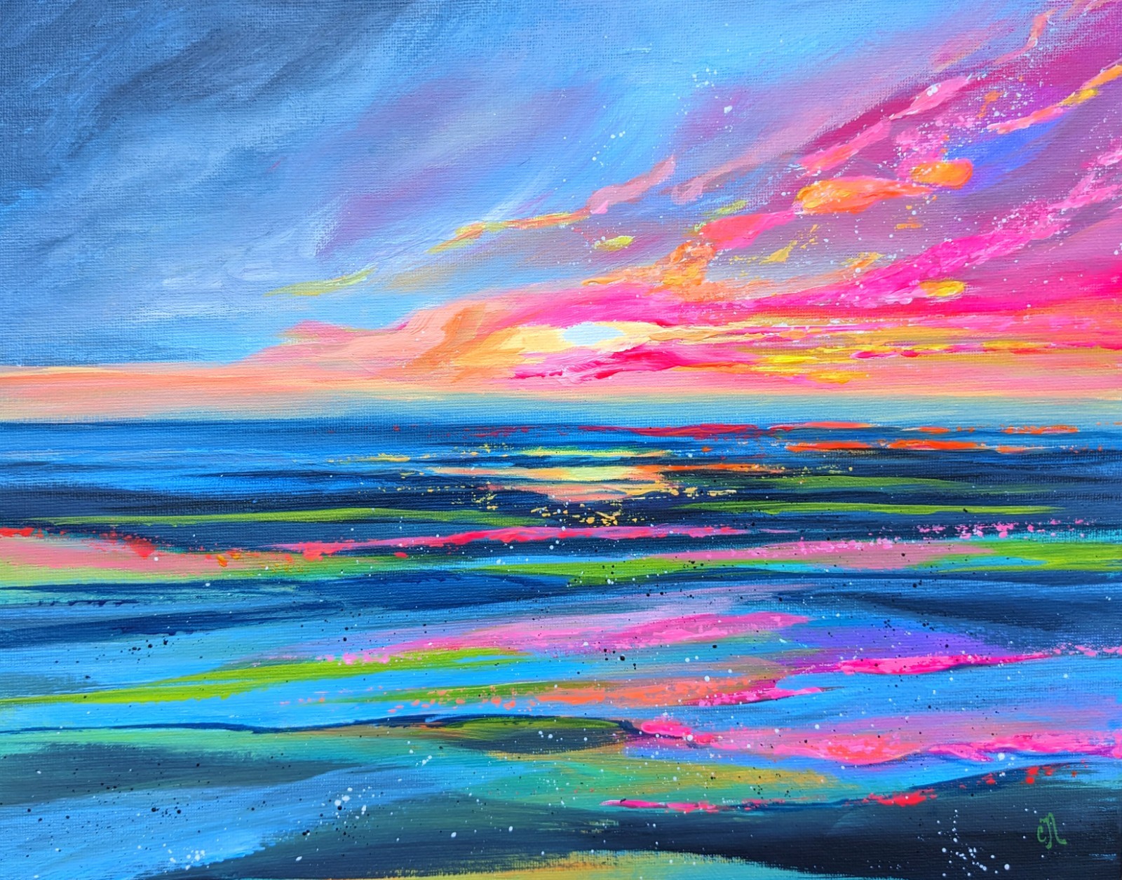 Original Acrylic Painting. Hand-Painted Canvas. Sunset Ocean Seascape. 11×14 Art
