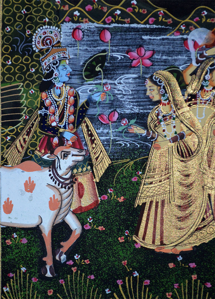Radha Krishna Miniature Original Painting on Silk Cloth India Natural Colors!