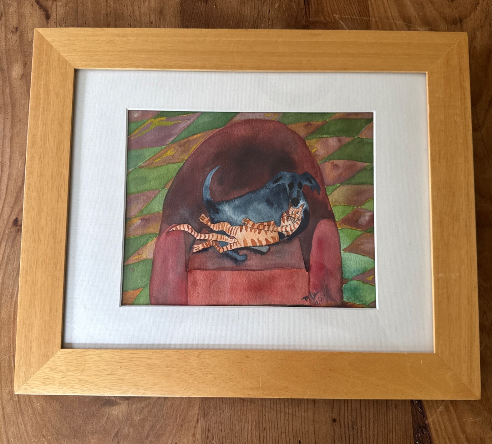 Original Watercolor Painting Cat Dog In Chair Signed 2007 Framed 11.5”x16.5”