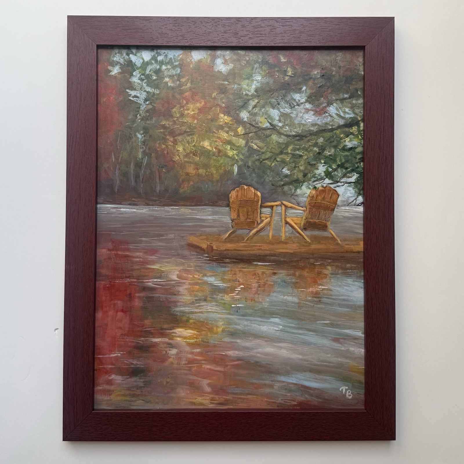Impressionist Autumn Painting Art Adirondack Dock Lake Reflection Fall Landscape