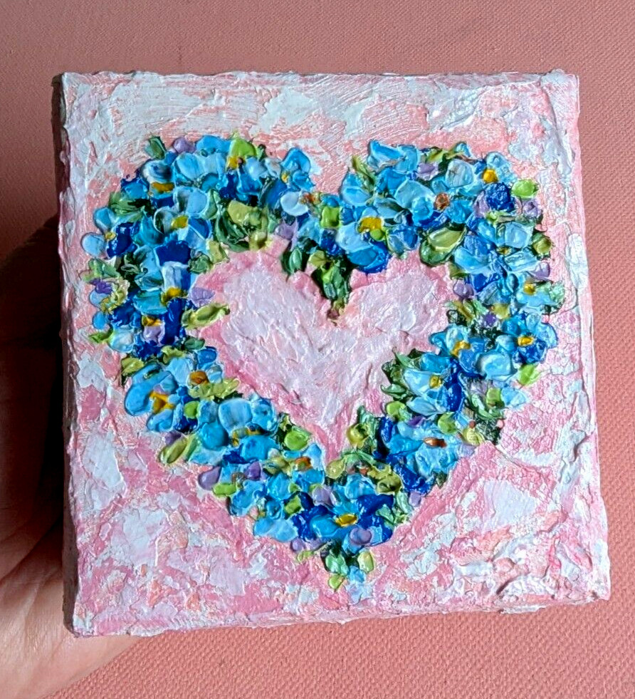 Forget-me-not ORIGINAL OIL impasto HEART Painting 4″X4″ X 1.5″ by Olga Diduh.
