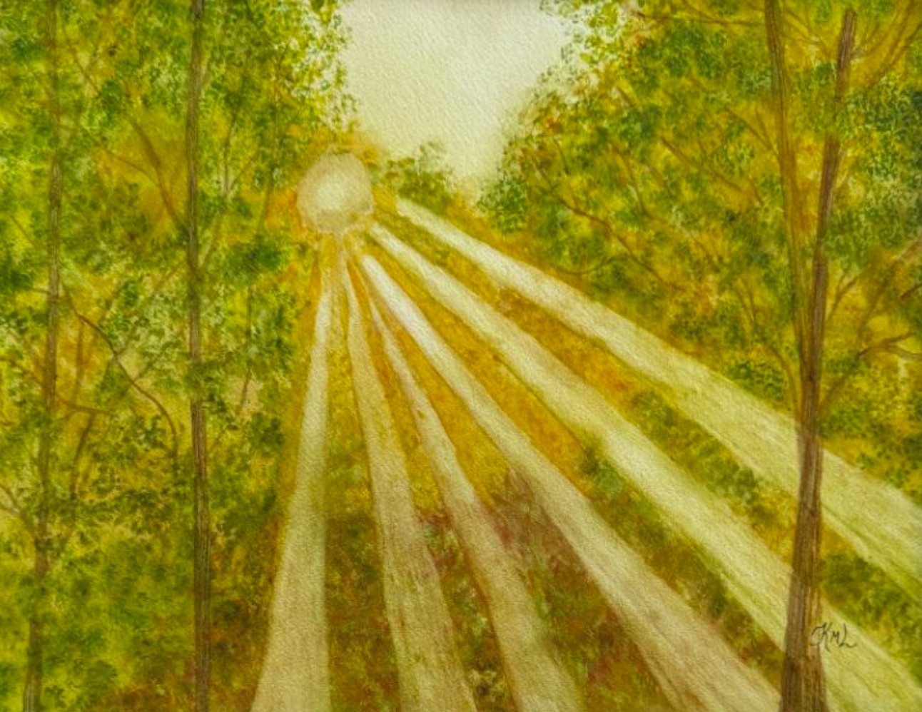 PAINTING WATERCOLOR 11X14 & DOUBLE MAT 16X20 FOREST TREES SUNRISE SUN LANDSCAPE