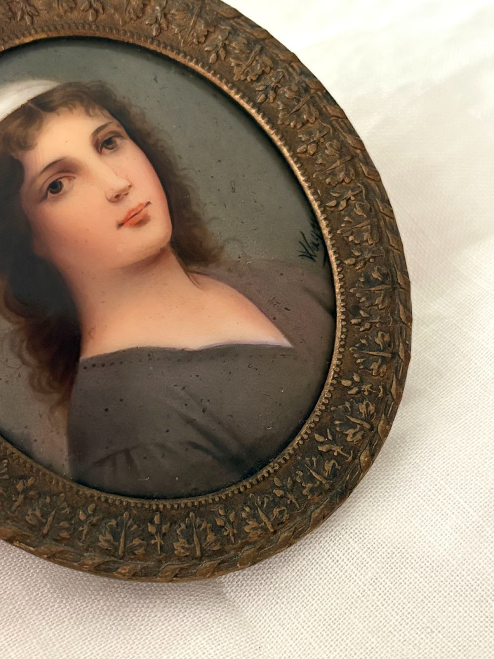 19th C. Miniature Portrait of Ruth on Porcelain, Signed Wagner, Ornate Frame