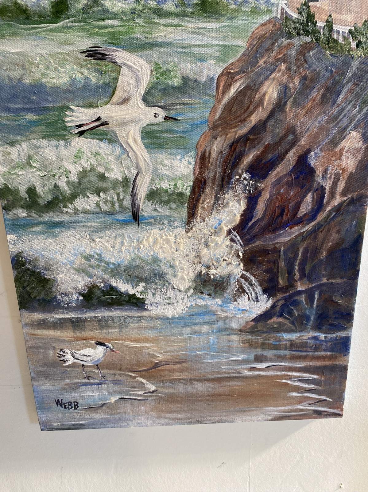 Seascape Lighthouse Acrylic Painting Signed WEBB Waves Crashing Rock Seagulls