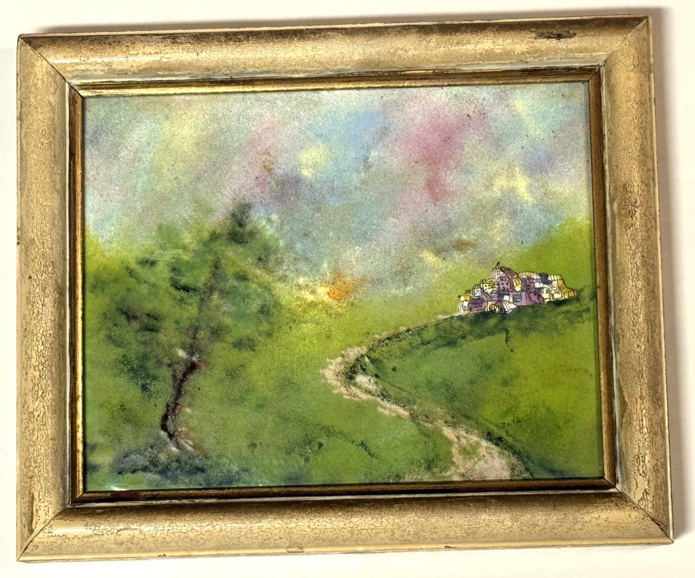 VINTAGE ENAMEL COPPER MODERNIST PAINTING-Small Town in Landscape-sign’d Zeitlin