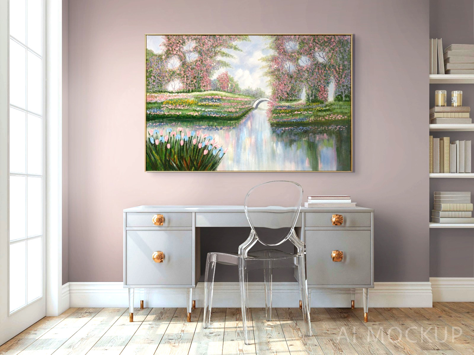 Impressionist Garden Landscape Acrylic Painting Framed Floral Park Scene XL 60″
