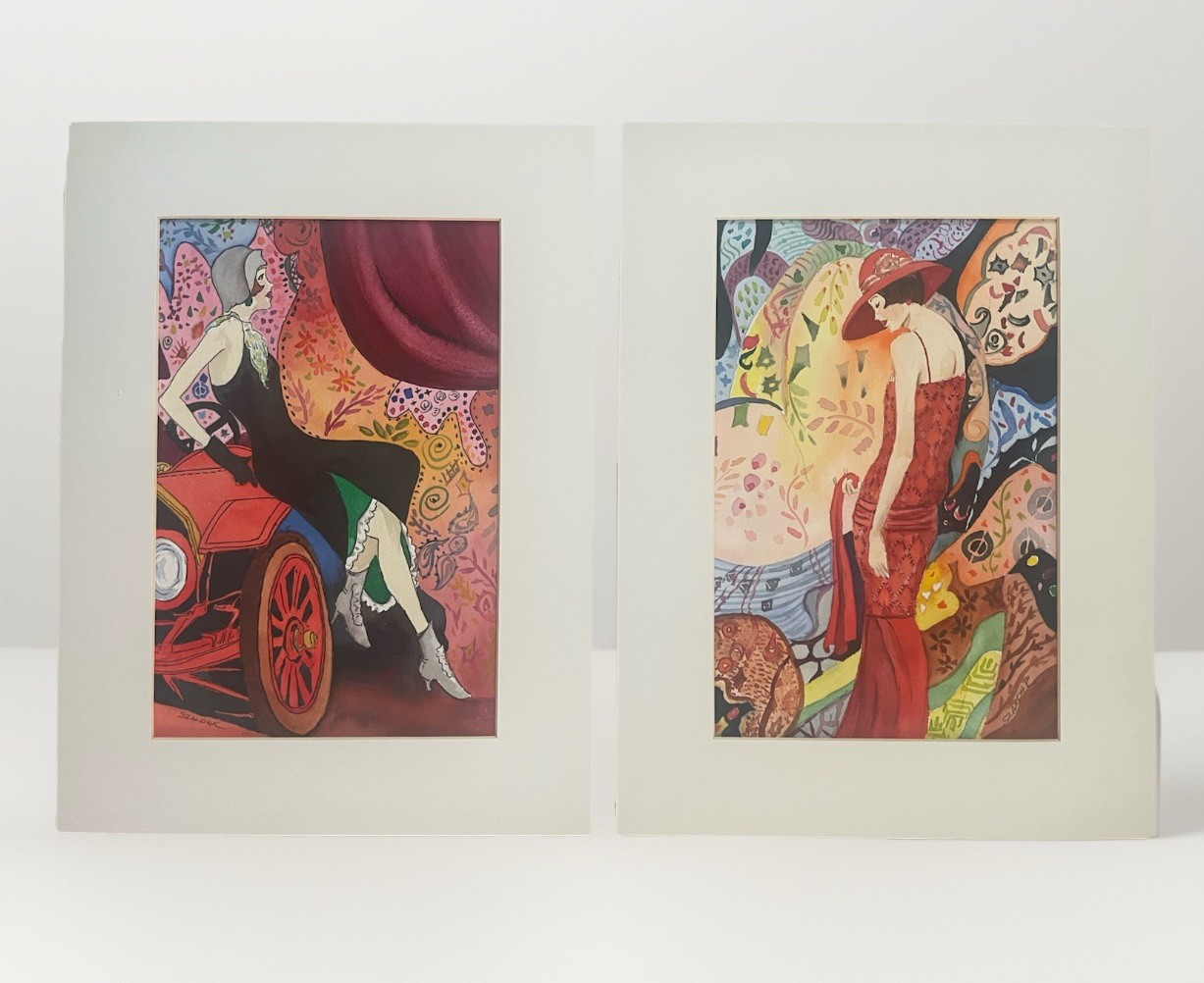 Art Deco Flapper Watercolor Painting Pair 12×16 Signed Szaldak 1920s Fashion Set