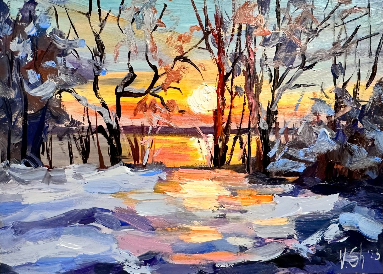 Original Oil Painting Winter Landscape Sunset Impressionism Art Signed 5×7 in