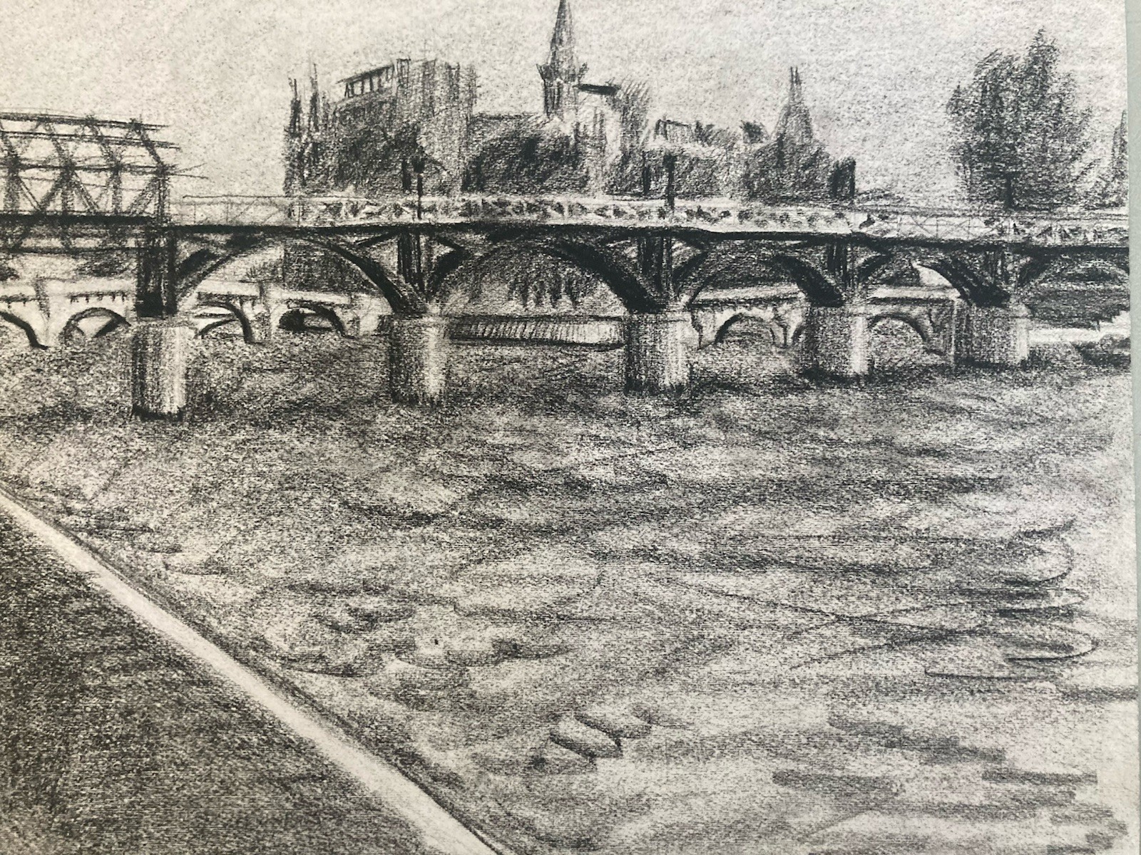 1970 Charcoal Drawing on Paper Paris Seine Quay Notre-Dame Pont Neuf Urban Art