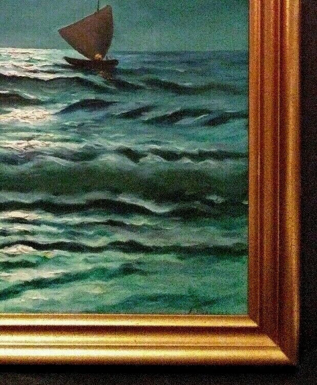 LISTED AMERICAN FRANK FERRUZZA Sd MOONLIT SAILBOAT ORIGINAL OIL on CANVAS FRAMED