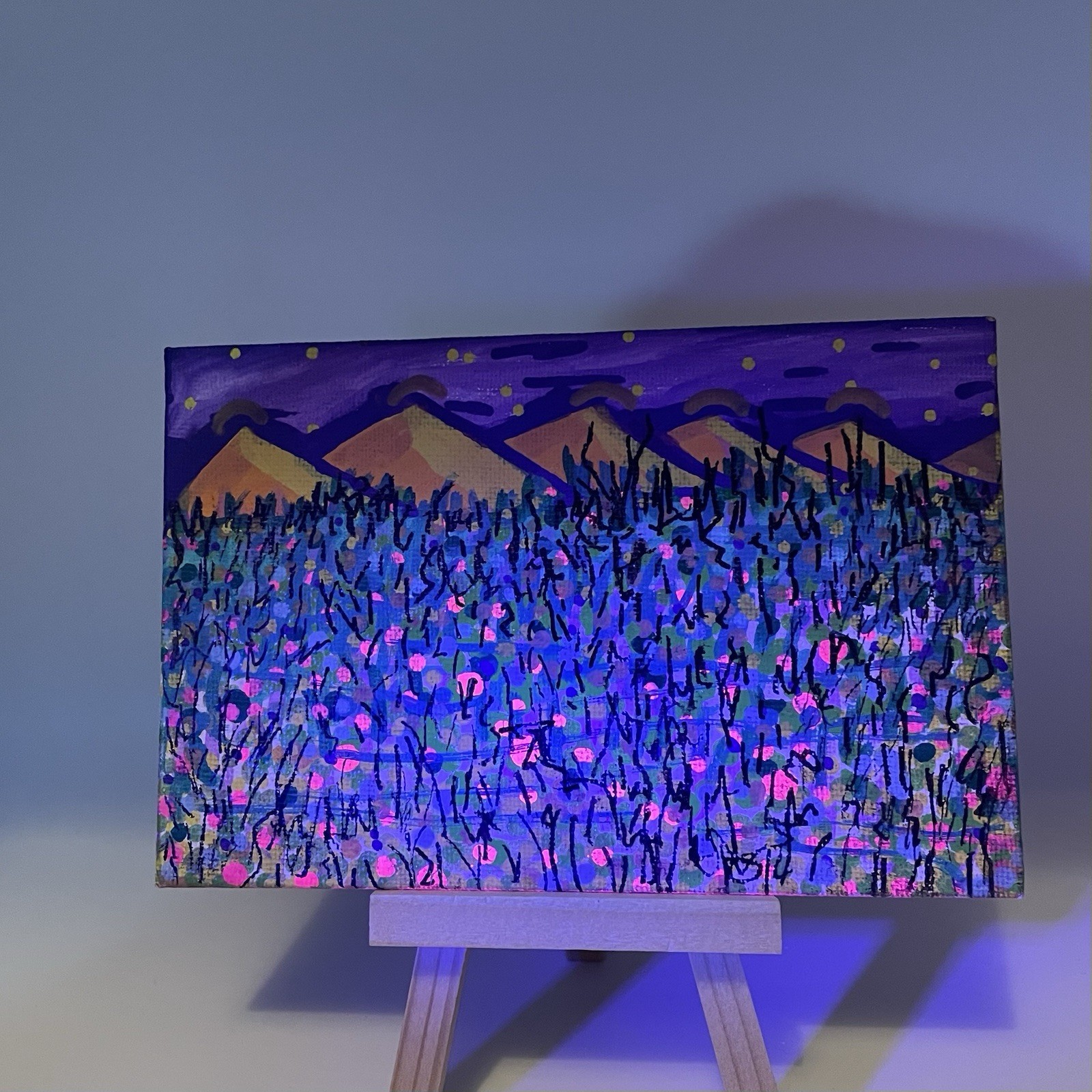 Original «Purple Sky» Abstract UV Reactive Landscape, 4×6 Unframed Fine-Art