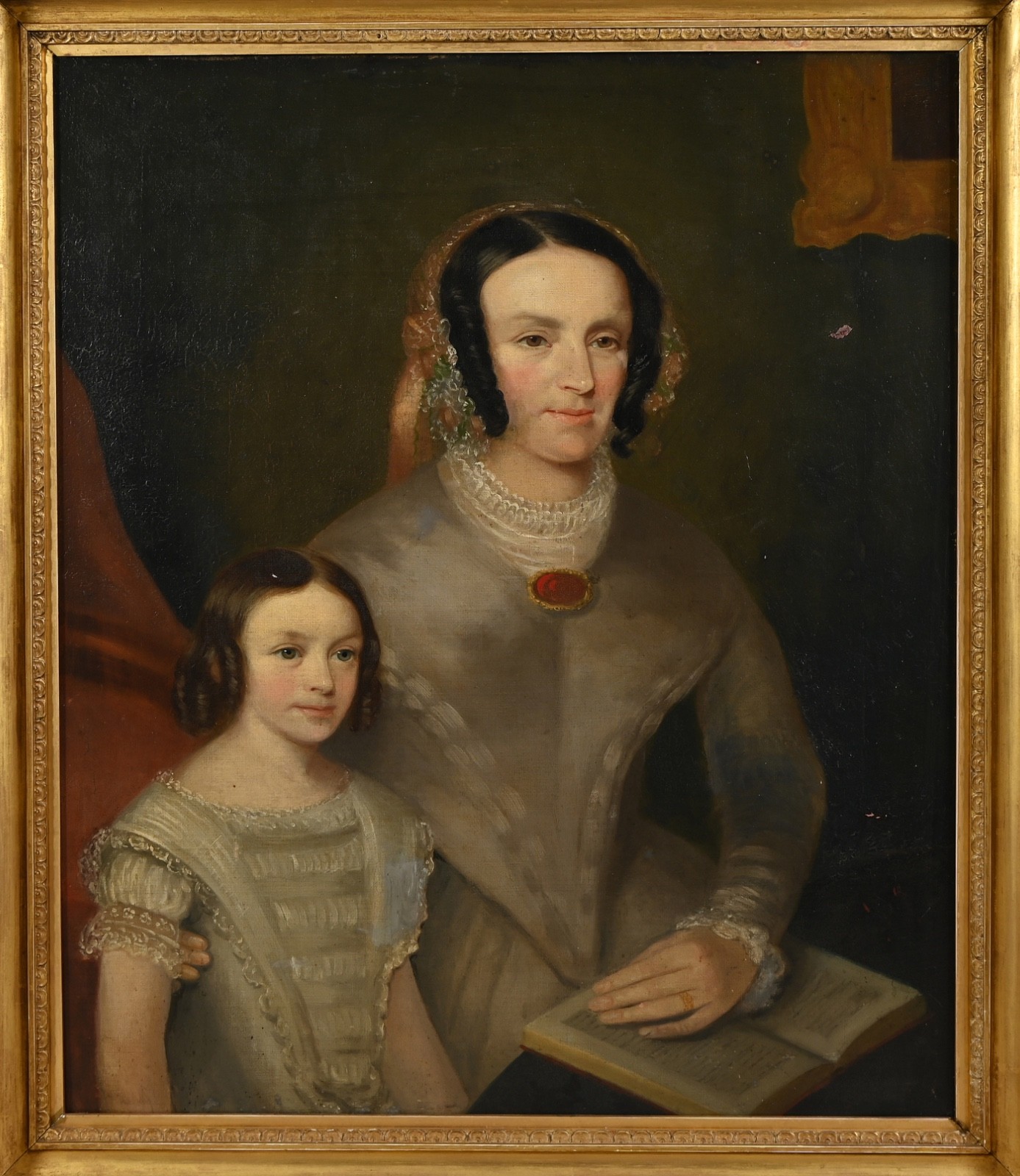Naive Style Antique 19th Century Double Portrait Oil On Canvas Painting