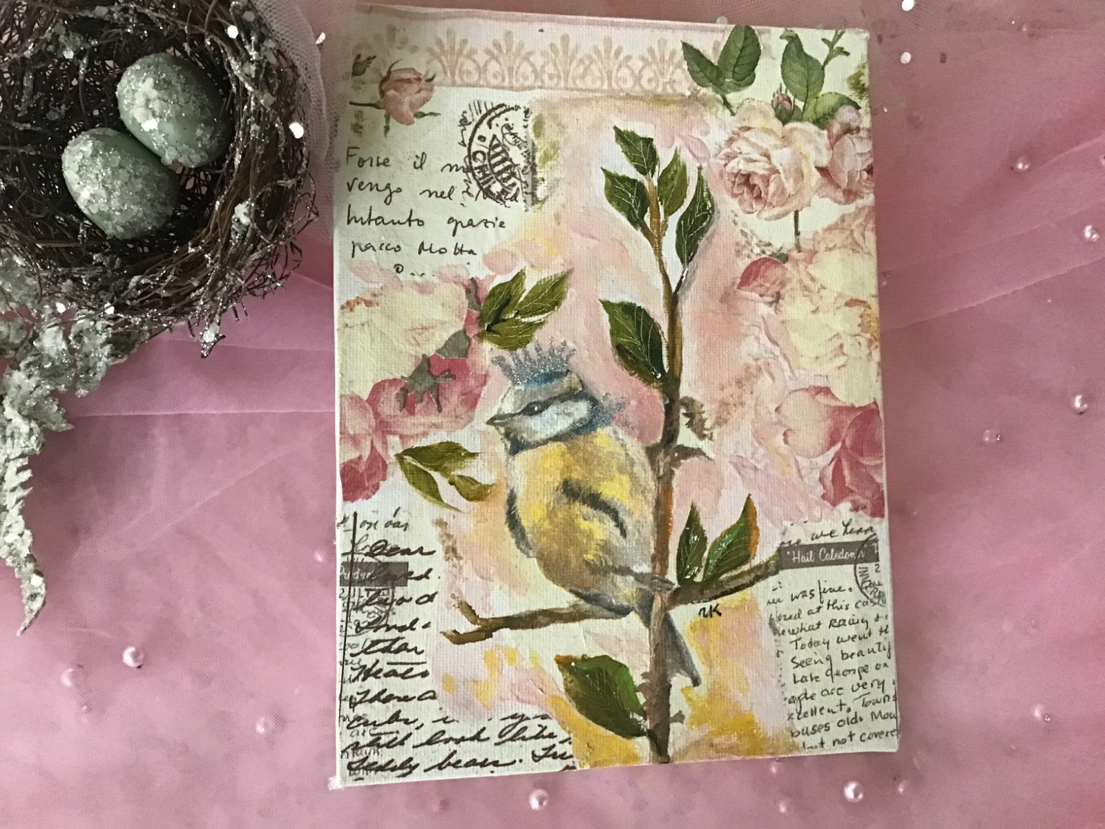 Birdie Hand Crafted Mixed Media COLLAGE OIL Painting