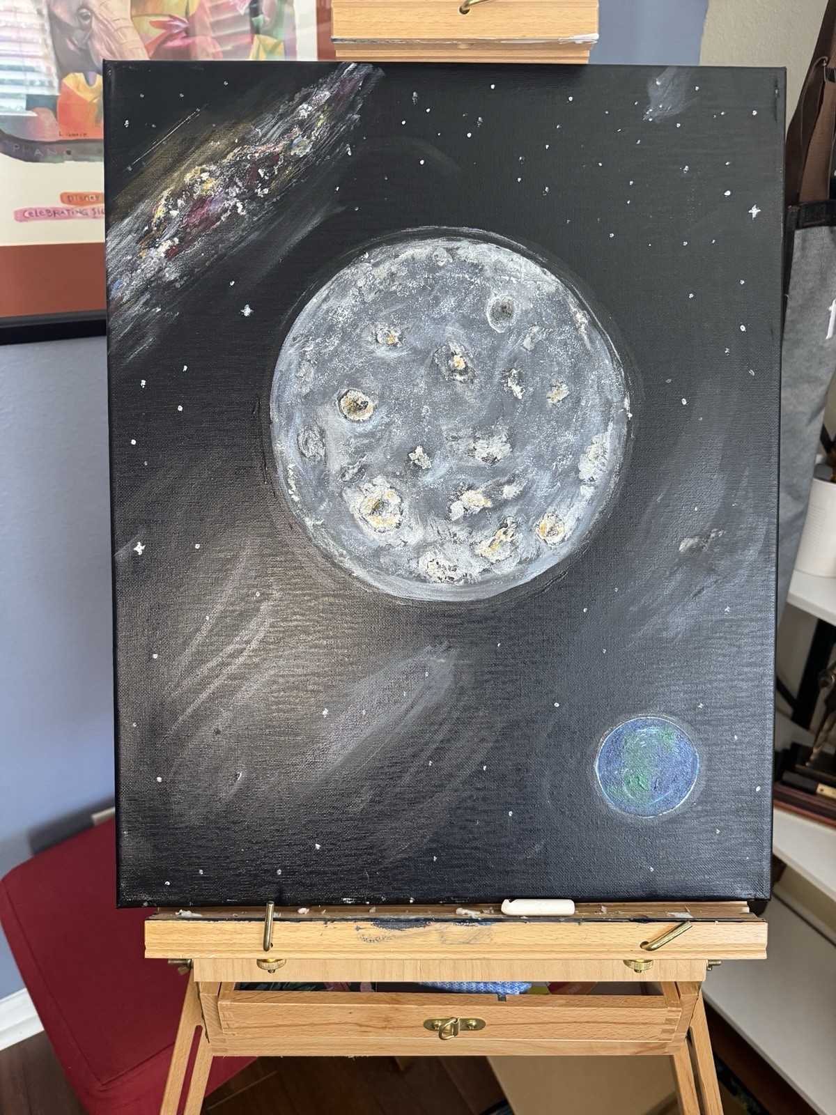 Contemporary Moon & Planet Outer Space Stars Painting on Canvas, Unframed