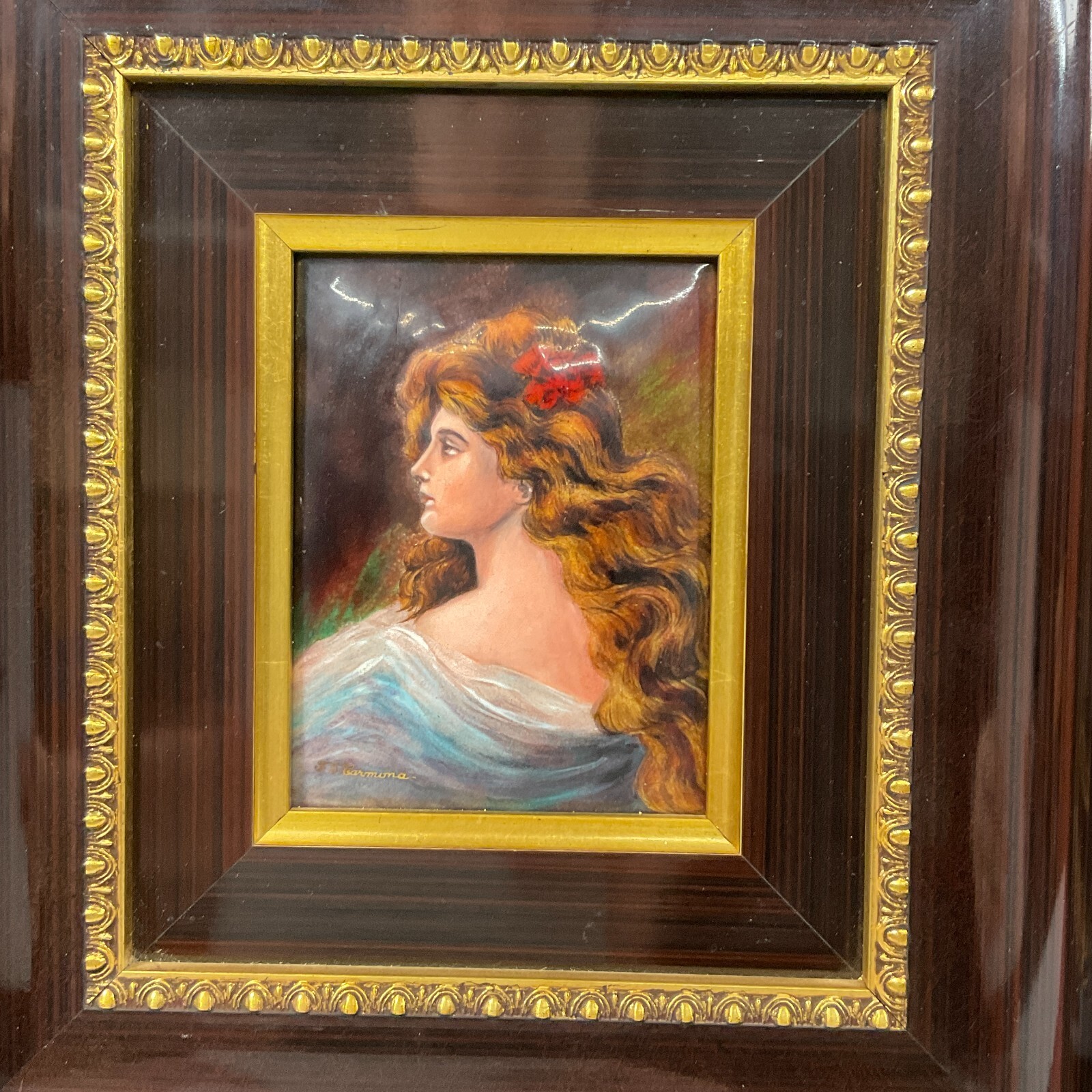 Vintage French Enamel Limoges F.J. Carmona Portrait Painting Rosewood Frame