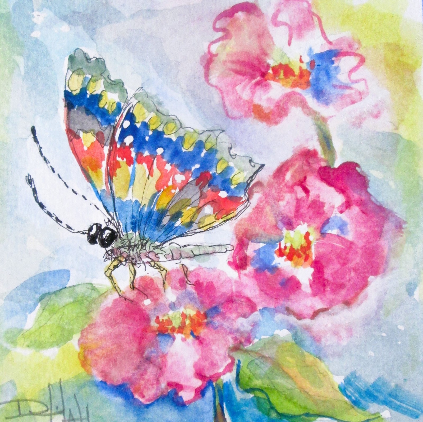 Delilah Original painting watercolor butterflies pink impressionism wall art