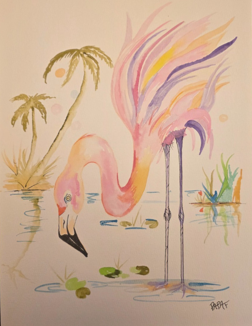 Original Flamingo Watercolor Painting 9×12 Pink Coastal Bird Art PapaF Signed