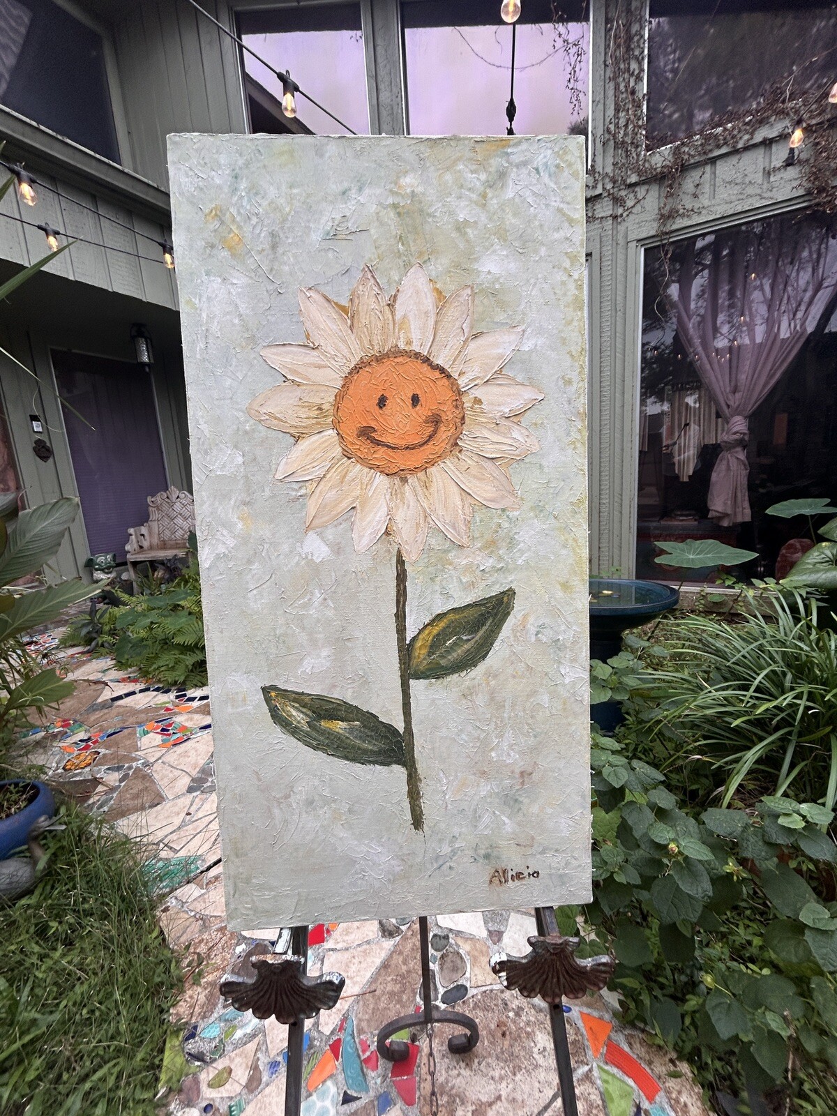 Original Canvas Smiling Daisy Painting Signed Kid Art Child or Sun Room Unframed