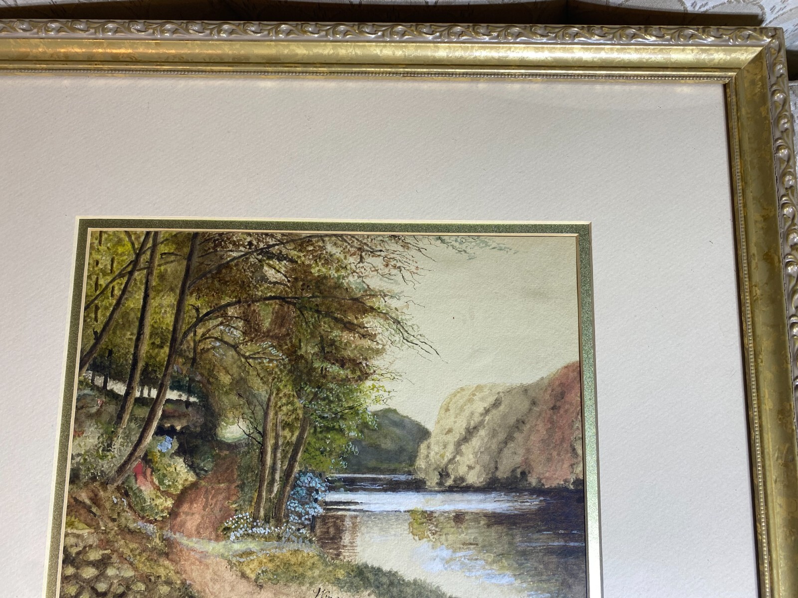 Antique W Higher «River Landscape Scene» Watercolor Painting – Signed And Framed