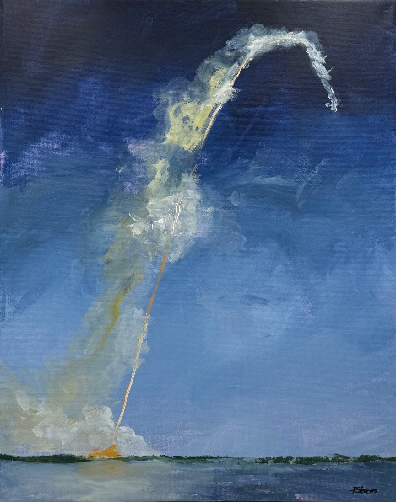 Original Acrylic Artemis II NASA Rocket Launch Plume Dramatic Sky Painting 16×20
