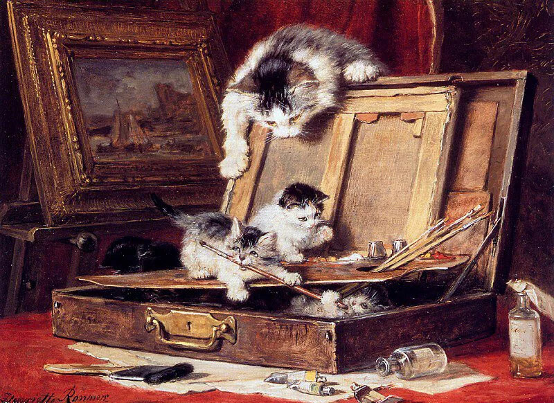 Art Oil painting Henriette Ronner Knip the painting box kitten cat canvas