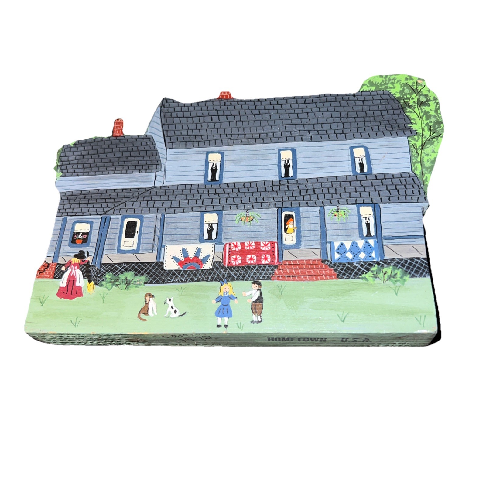 Hand painted 1992 One Of A Kind Colonial House Wooden Decoration Signed 4”x5.5”