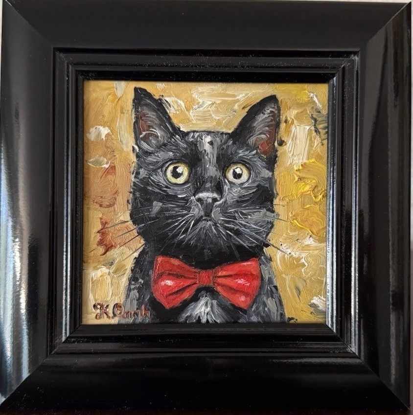 ORIGINAL OIL PAINTING BLACK CAT PORTRAIT HALLOWEEN CHRISTMAS SIGNED FRAMED 4×4
