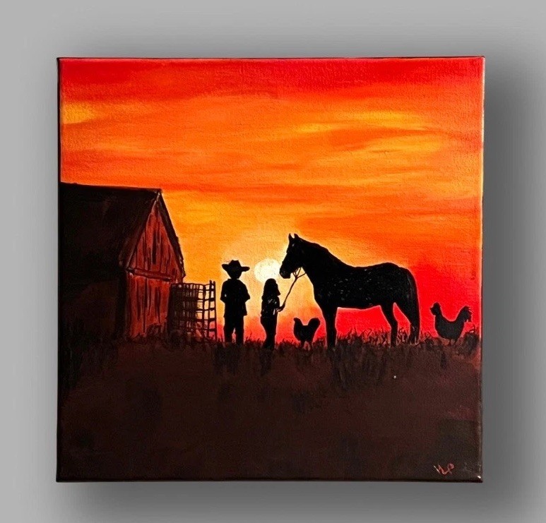 Original Cowboy Sunset Painting Acrylic Canvas Western Barn Silhouette Art 12×12