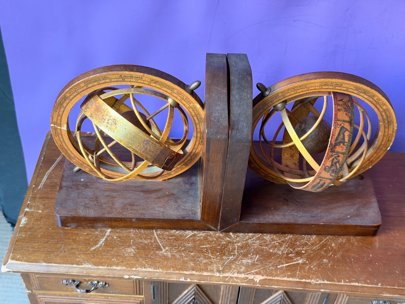 Vintage Wood Armillary Sphere Bookends Zodiac Astrological Globe Pair 6″