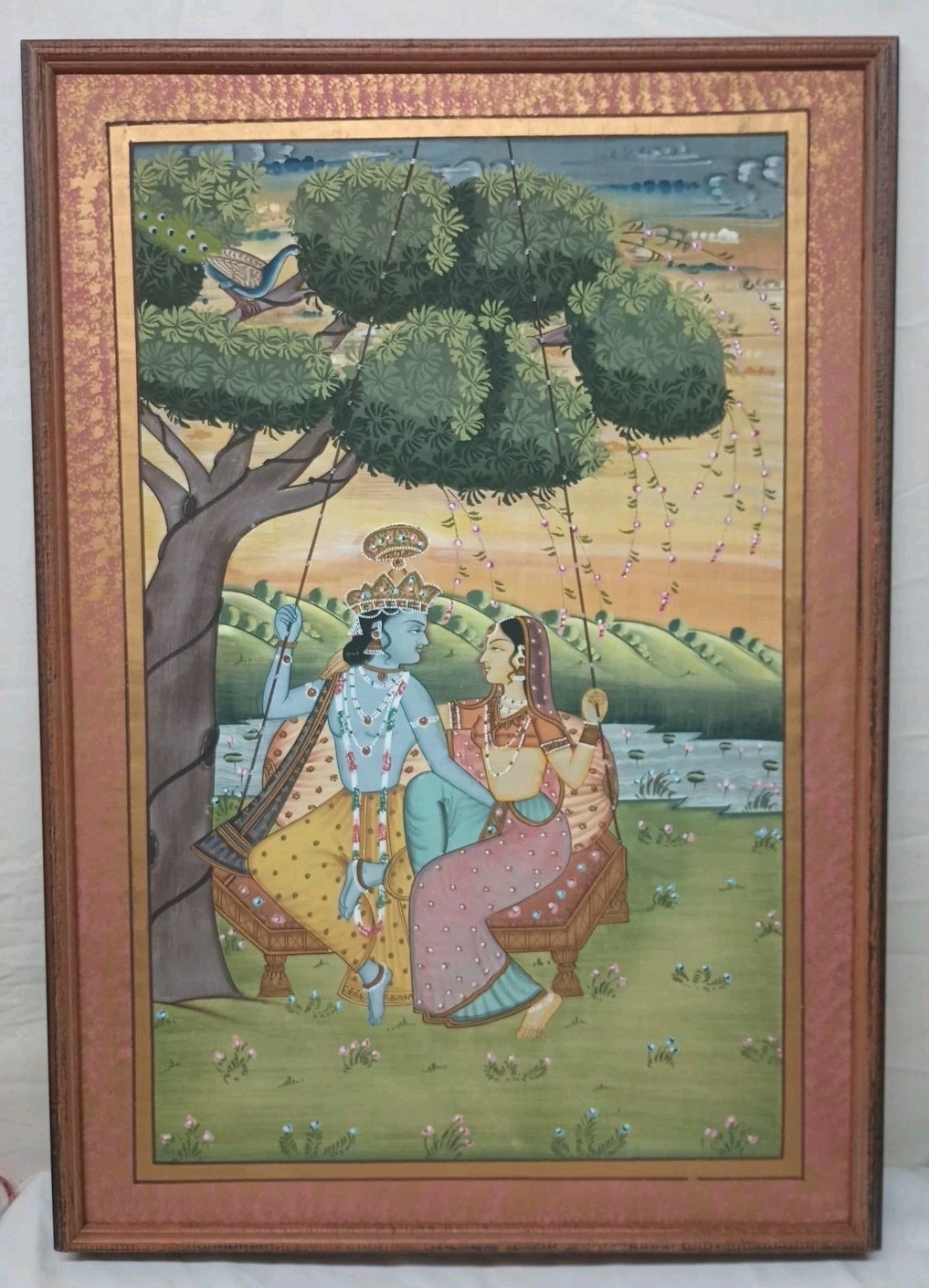 Vtg Hindu Religious Framed Painting Krishna & Radha Love Scene On Silk XL 31×21.
