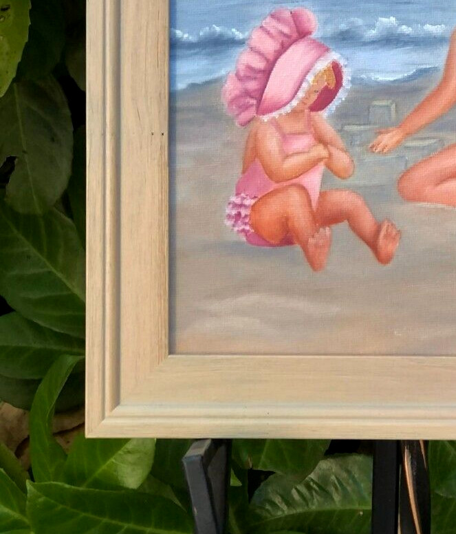 Young Girls Playing on The Beach, Original Oil Painting by Marcy Wright,, FRAMED