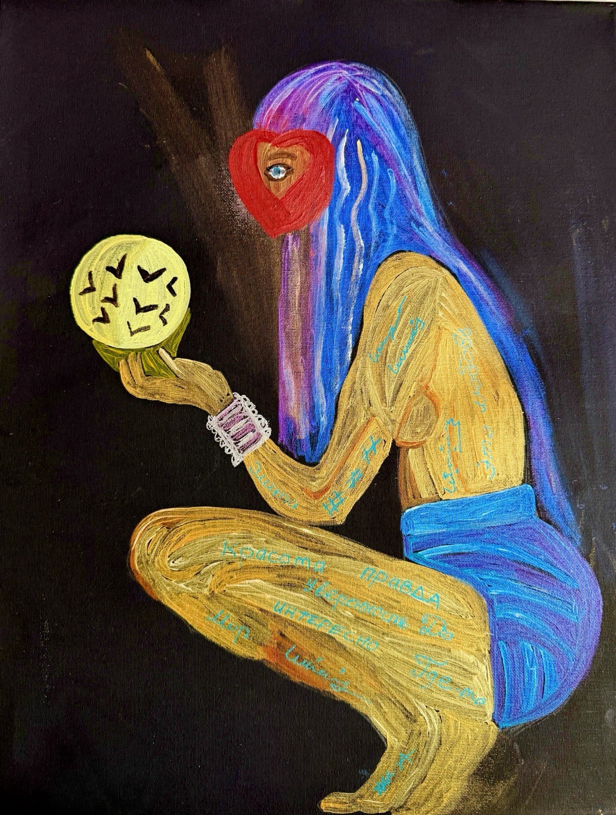 CK Original Signed Acrylic Painting Canvas Woman Heart Birds Sphere 2026