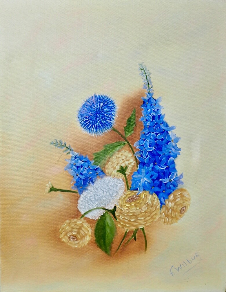 F. Wilbur Floral Still Life with Blue Bonnets Painting Art Canvas 14×11