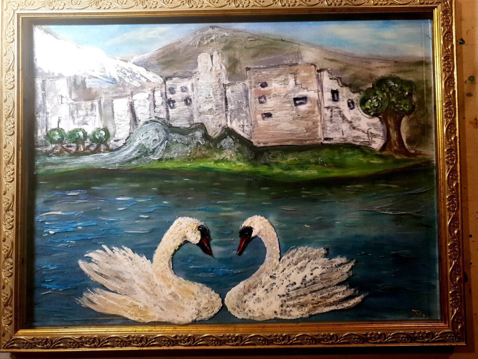 Swans on the lake,mix media pastel and stained glass painting. Size A3.Framed.