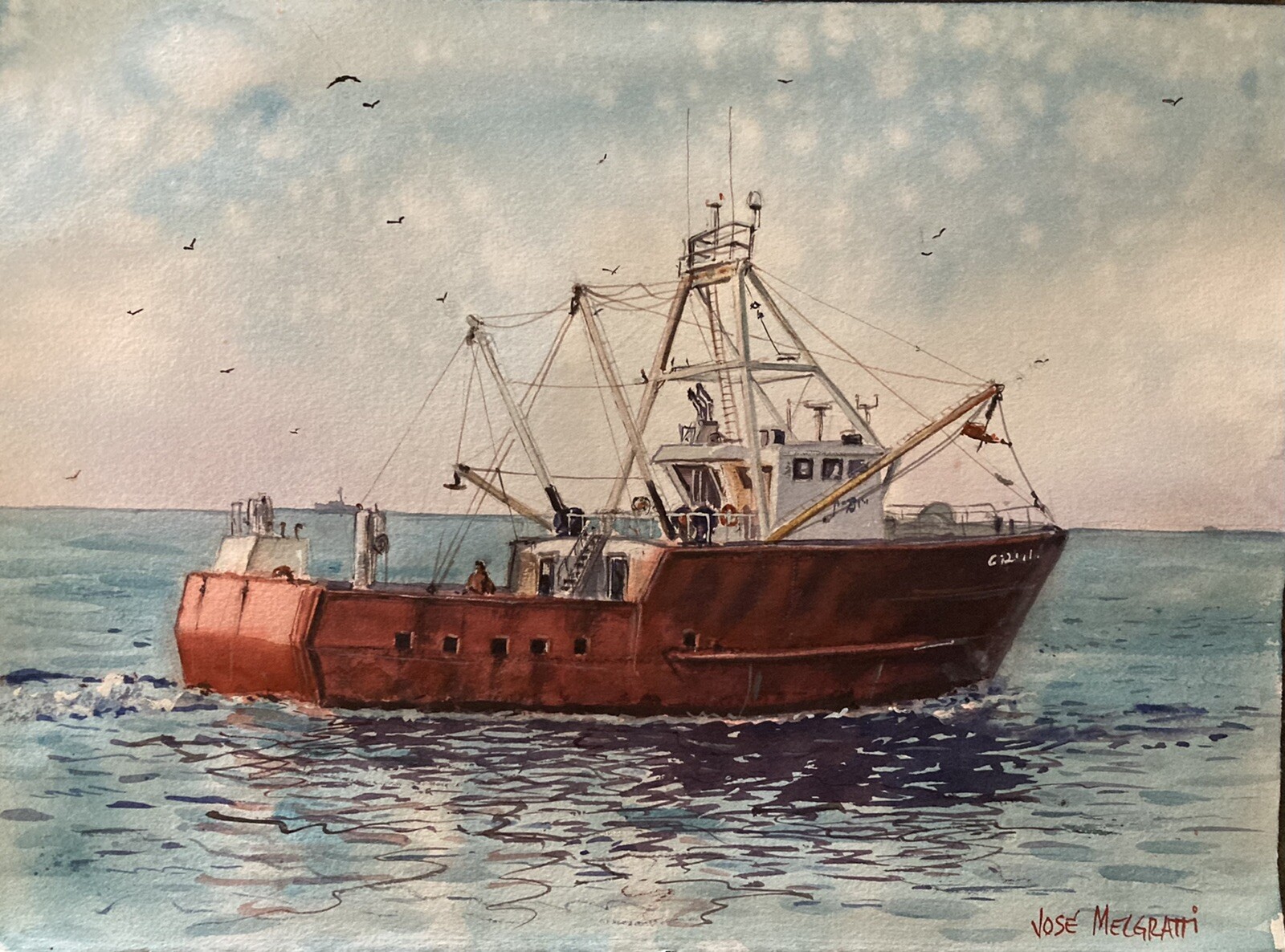 Watercolor Original Painting Unique 11″ x 15″ Fishing Ship