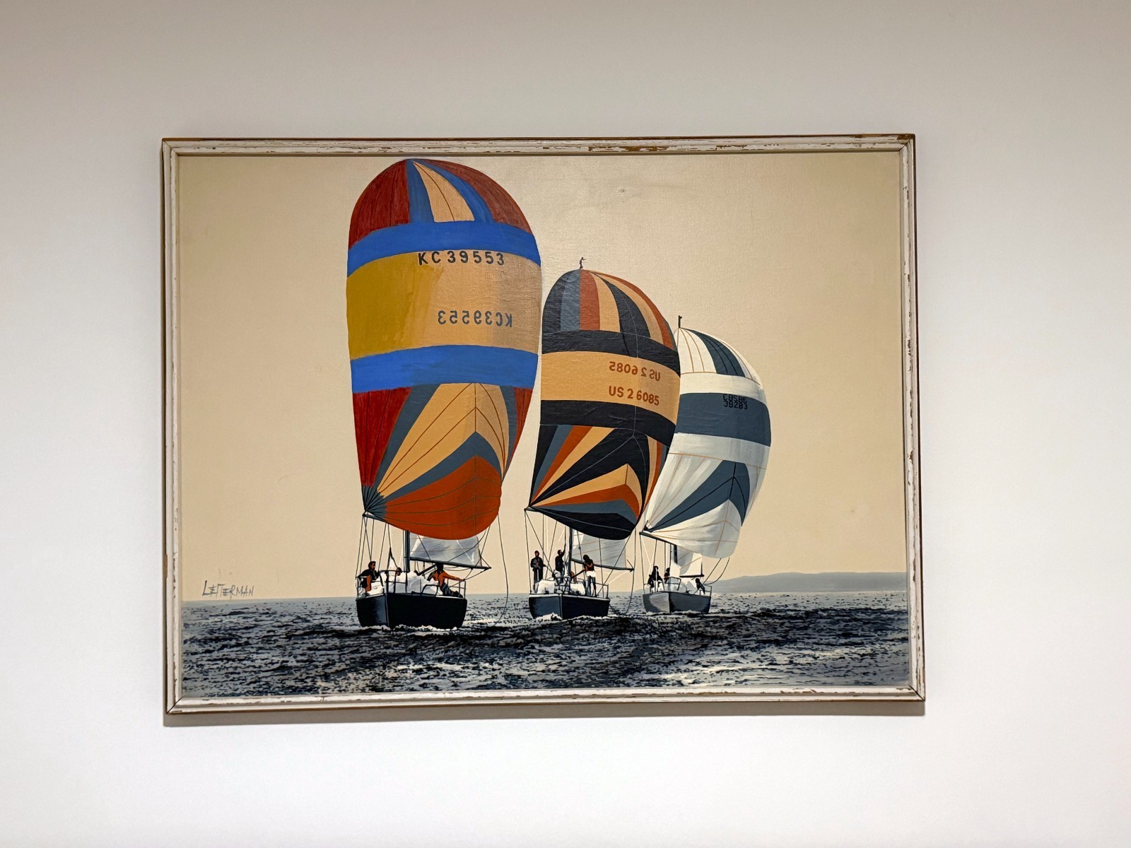 Vintage Mid-Century 1960s-70 Oil on canvas sailboat painting by artist Letterman