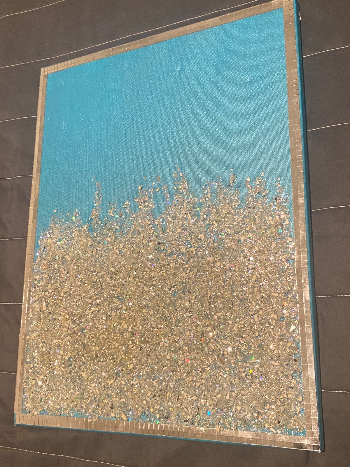 Textured Abstract Blue Silver Crushed Glass Wall Art Mirrored Accent Canvas Deco